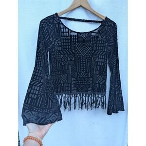 Monteau Womens bell sleeve velvet top S black geometric tassels boho Whimsigoth